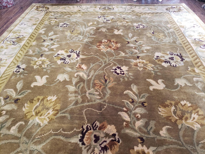 8x10 Rug - Plush Tibetan Rug - Green & Beige Floral Rug - Large Handmade Wool Rug - 250x300 Carpet
