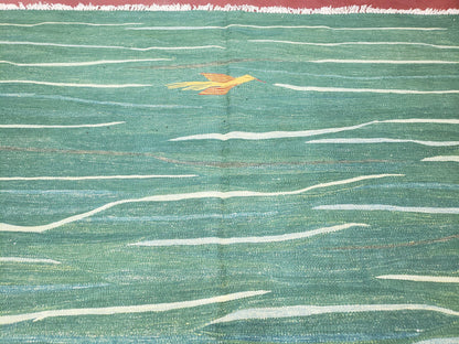 Green Turkish Kilim Rug, 6x9 - 7x10 Rugs, Bird, Handmade New Area Rug, Wool, Bohemian Boho Decor, Hand Woven, Modern Abstract Flat Weave Rug