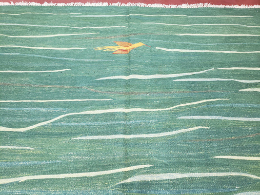 Green Turkish Kilim Rug, 6x9 - 7x10 Rugs, Bird, Handmade New Area Rug, Wool, Bohemian Boho Decor, Hand Woven, Modern Abstract Flat Weave Rug