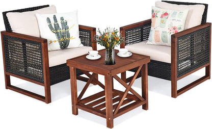 3 Pieces Patio Wicker Furniture Set, Rattan Outdoor Sofa Set W/Washable Cushion & Acacia Wood Coffee Table, Conversation Bistro Set for Garden Balcony Backyard (Beige)-0