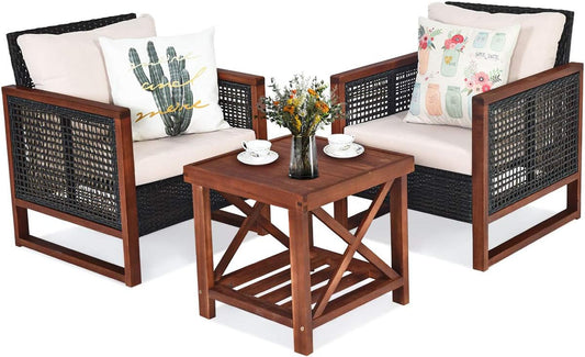 3 Pieces Patio Wicker Furniture Set, Rattan Outdoor Sofa Set W/Washable Cushion & Acacia Wood Coffee Table, Conversation Bistro Set for Garden Balcony Backyard (Beige)-0