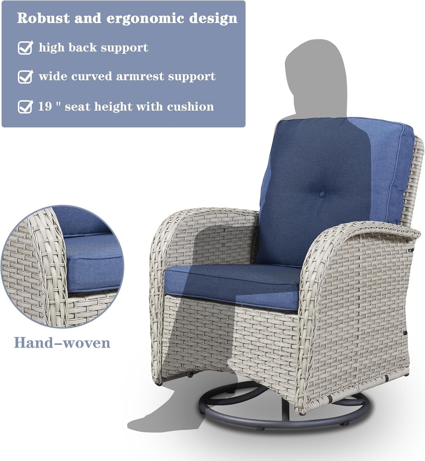 Patio Wicker Chairs Swivel Rocker - Outdoor Swivel Rocking Chairs Set of 2 with Rattan Side Table,3 Piece Patio Swivel Glider Chair Furniture Sets for Patio Porch Pool Light Beige/Blue-3