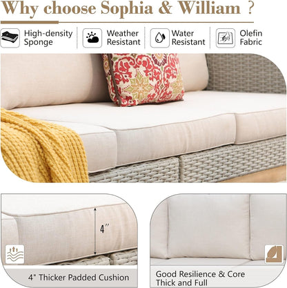 Outdoor Patio Furniture Sets, 5-Piece All-Weather Patio Conversation Set, High Back Wicker Rattan Setional Sofa with Large Single Sofa Chairs, Ottomans & Wooden Coffee Table (Beige)-3