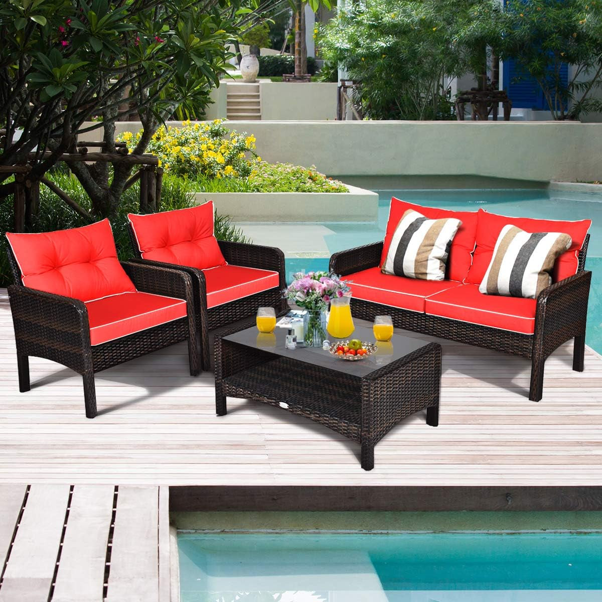 4 Piece Outdoor Wicker Patio Furniture Set with Cushions