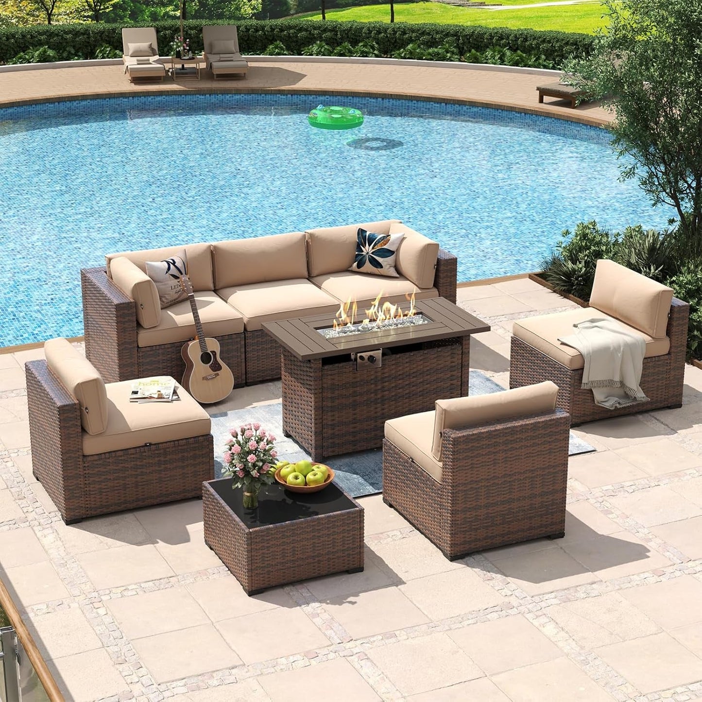 Eight Piece Outdoor Patio Furniture Set with Fire Pit