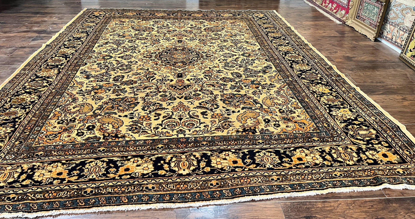 Antique Persian Rug 9x11, Wool Handmade 1920s Oriental Carpet, Persian Hamadan Anjelas Rug, Cream Black, Floral Allover Oriental Rug 9 x 11 Room Sized Rug-2