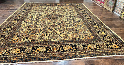 Antique Persian Rug 9x11, Wool Handmade 1920s Oriental Carpet, Persian Hamadan Anjelas Rug, Cream Black, Floral Allover Oriental Rug 9 x 11 Room Sized Rug-2