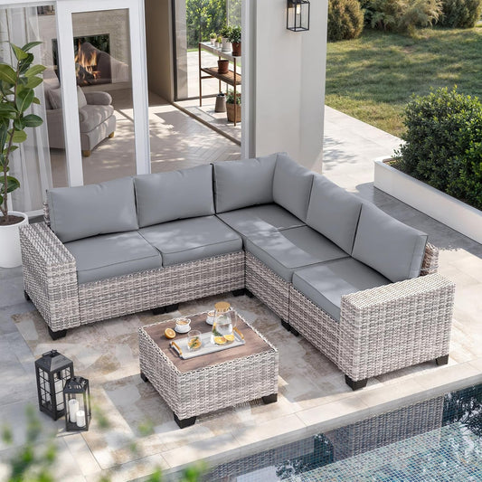 6-Piece Outdoor Patio Furniture Set Wicker Sectional Sofa Set, Patio Conversation Set with Thickened Cushions & Coffee Table for Garden, Backyard, Poolside, Grey-0