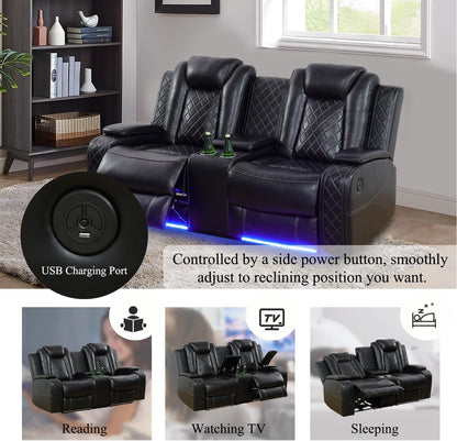 Leather Power Recliner Sofa Set with LED, Living Room Furniture Set, Leather Sofa Set with USB Port Storage Console Cup Holder (Power Reclining Sofa Set, Black)-3