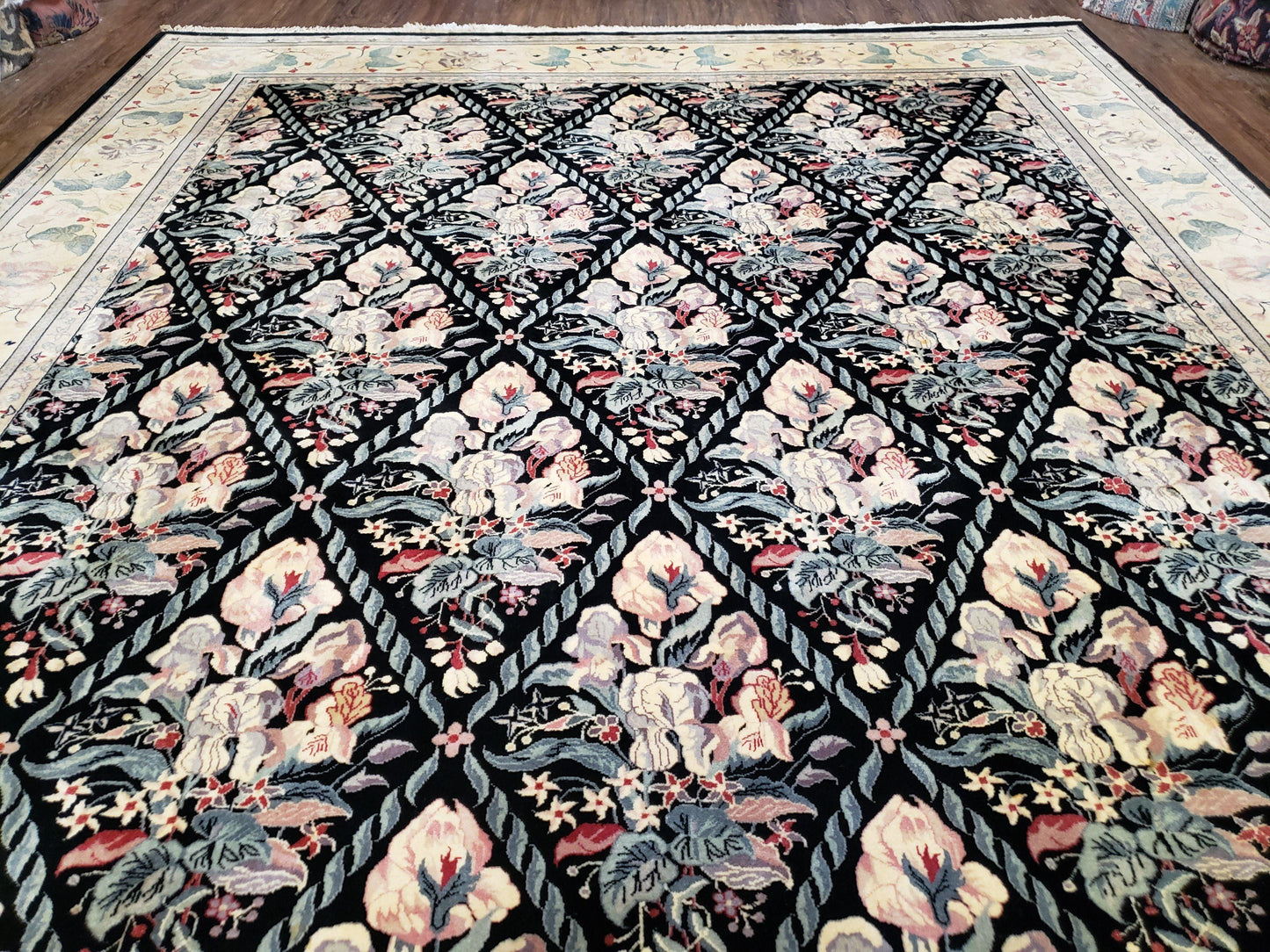 Black Kirman Rug, 8x11 - 9x12 Rug, Sino-Persian Rug, Floral Oriental Carpet, Handmade Rug, Black and Ivory Rug, Room Sized Area Rug, Wool