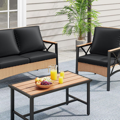 4-Piece Patio Wicker Furniture Set with Wood Armrest, All Weather Rattan Conversation Furniture Sets for Backyard, Balcony, Deck W/Soft Cushions and Plastic Wood Table (Light Brown+Black)-3