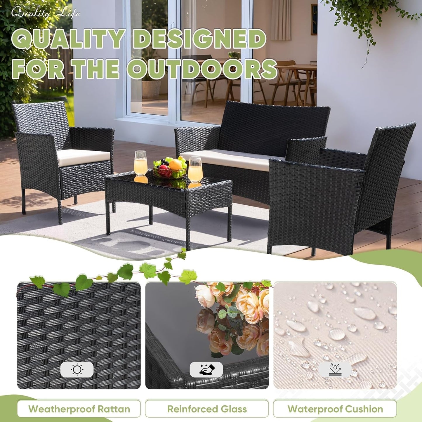 Patio Furniture 4 Pieces Conversation Sets Outdoor Wicker Rattan Chairs Garden Backyard Balcony Porch Poolside Loveseat with Cushion and Glass Table, Black and Beige-2