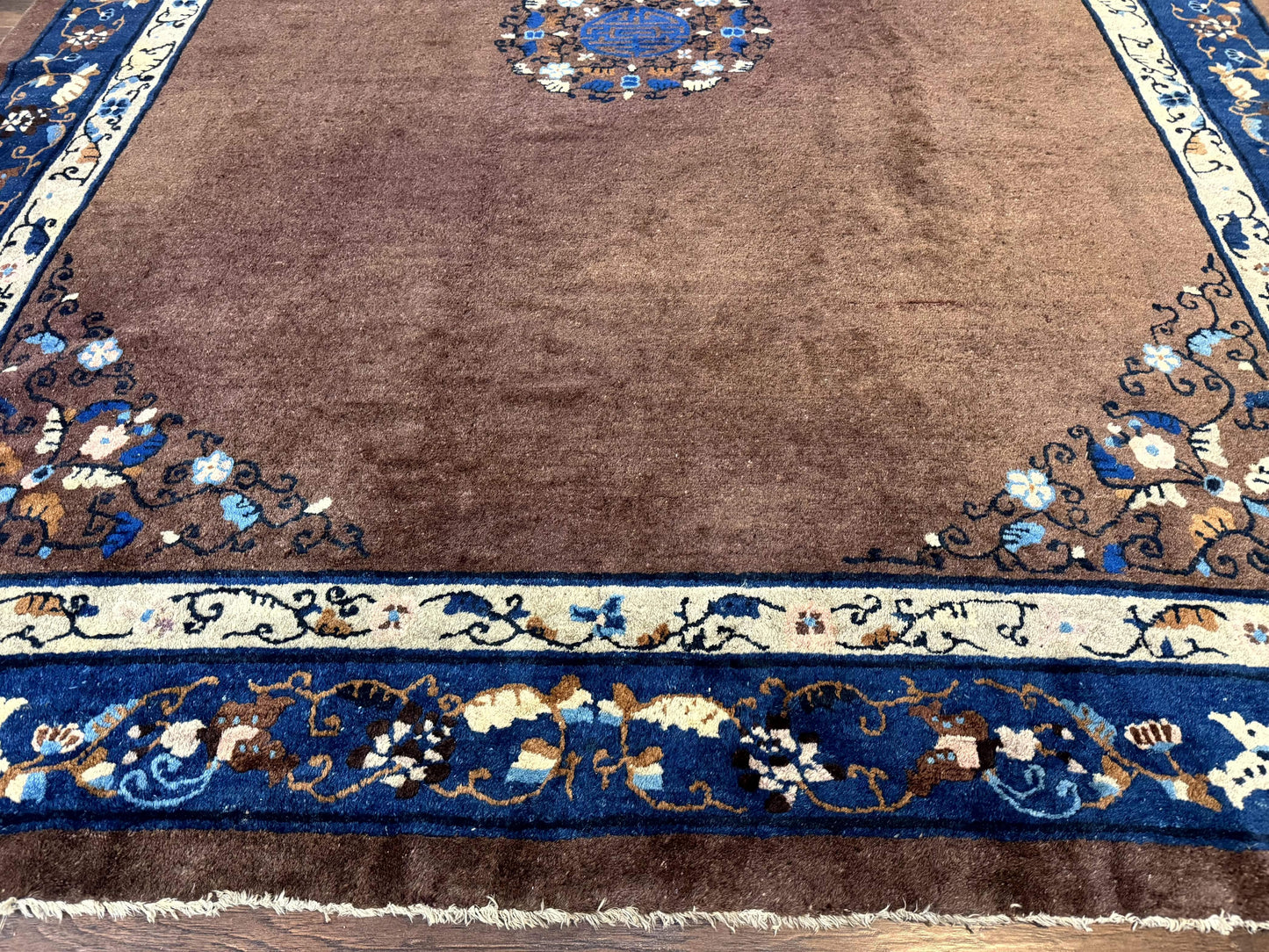 Antique Chinese Wool Rug 9x11, Large Chinese Art Deco Rug, Peking Rug, Brown and Blue, Open Field, Fete Rug