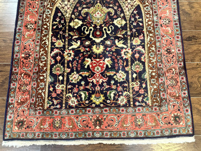 Persian Tabriz Rug 3x4, Navy Blue, Birds, Floral, Prayer Rug, Handmade Wool Rug, Finely Hand Knotted 325 KPSI-4