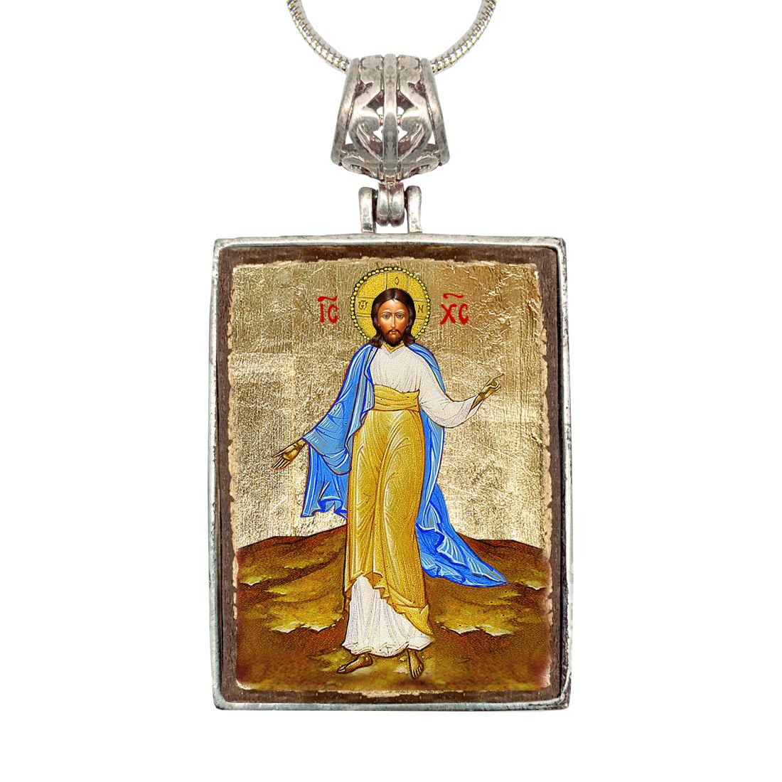 Jesus Religious Jewelry Silver Plated Necklace, Gold-Plated Wooden Cabochon - Christian Sacred Icon - Inspirational Icon Decor - 43051R