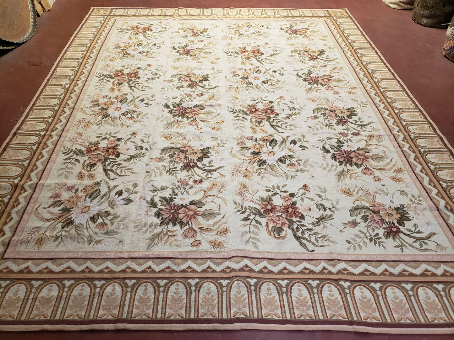 Needlepoint Rug 8x10 Aubusson Rug Victorian Floral Rug Handmade French Style French Decor Garden Panel Beige 8 x 10 Area Rug 100% Wool-0