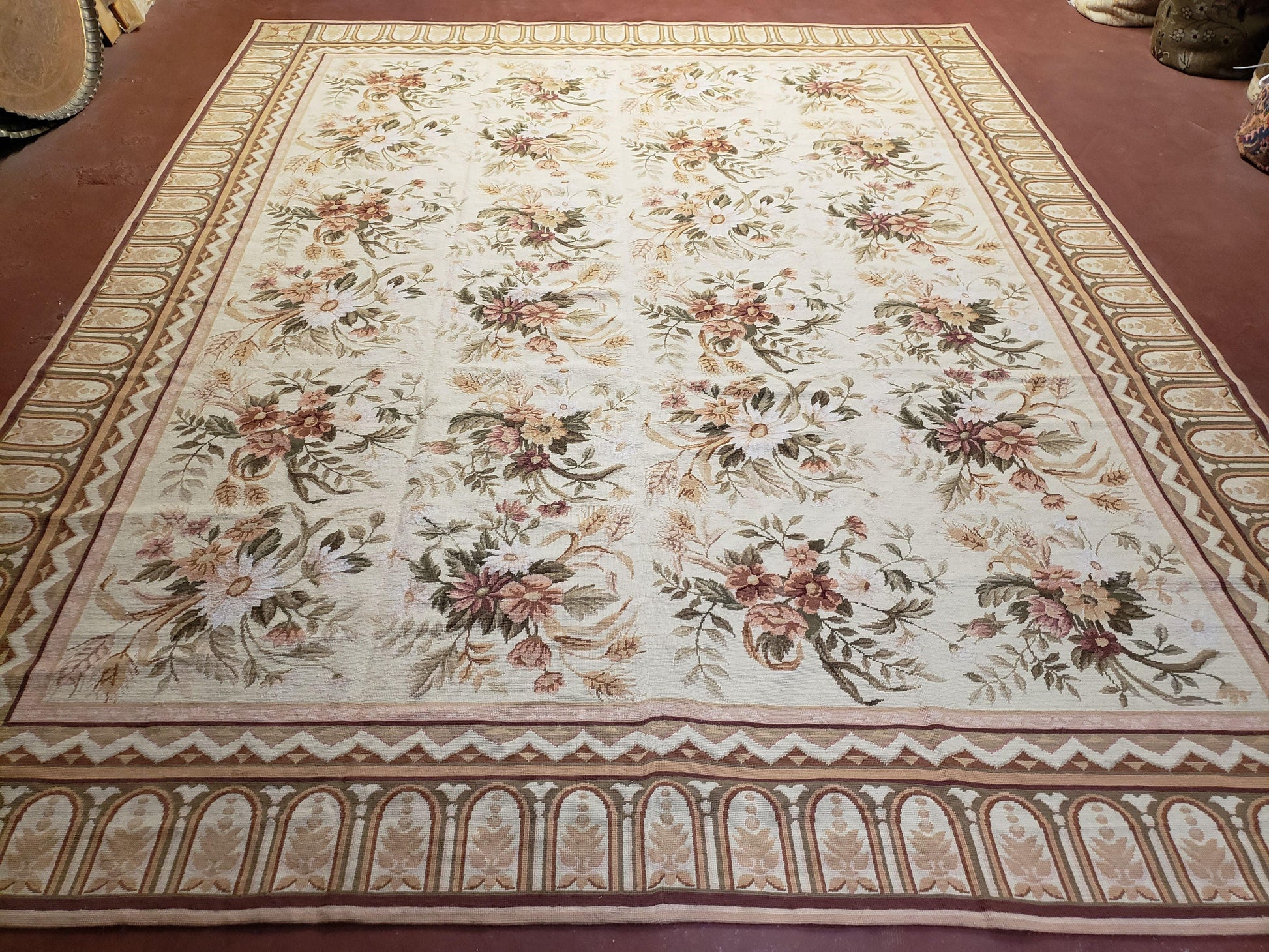 Needlepoint Rug 8x10 Aubusson Rug Victorian Floral Rug Handmade French Style French Decor Garden Panel Beige 8 x 10 Area Rug 100% Wool-0