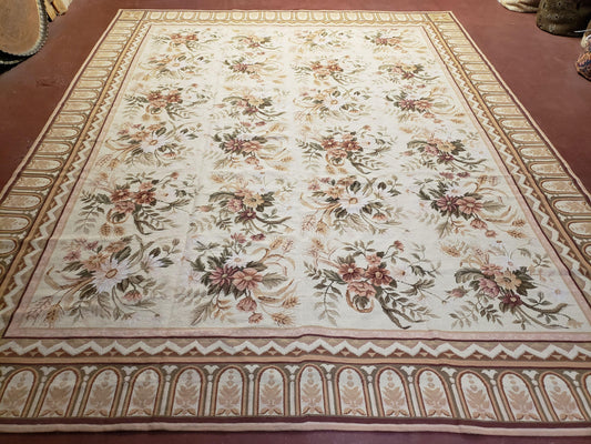 Needlepoint Rug 8x10 Aubusson Rug Victorian Floral Rug Handmade French Style French Decor Garden Panel Beige 8 x 10 Area Rug 100% Wool-0