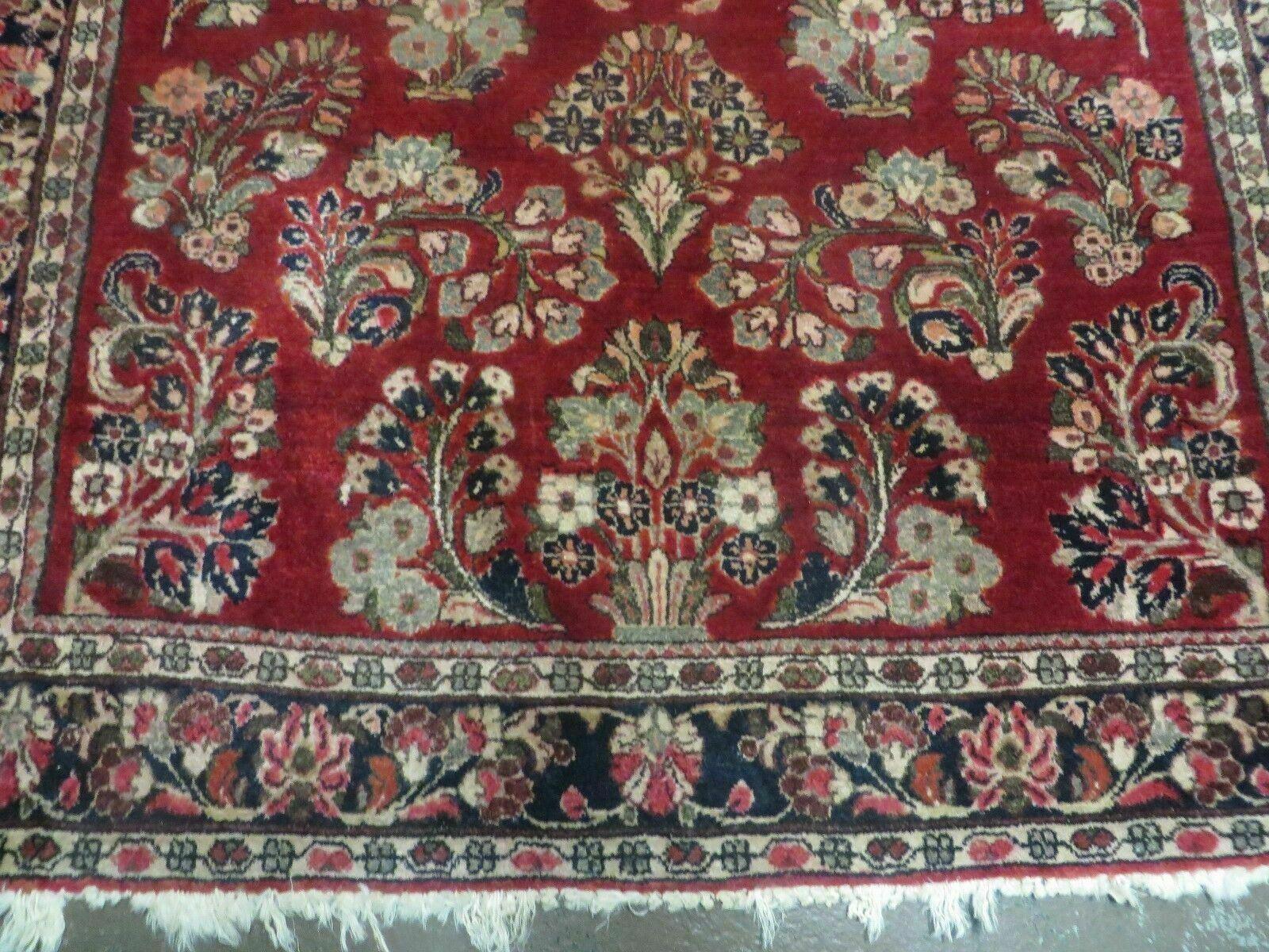 Red Persian Sarouk Rug 3x5, Antique Persian Carpet 1920s, Hand Knotted, Floral, Wool, Oriental Rug, Handmade Rug-4