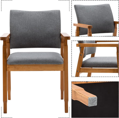 Set of 2 Mid Century Modern Walnut Dining Chairs Wood Arm Grey Fabric Kitchen Cafe Living Room Decor Furniture-2