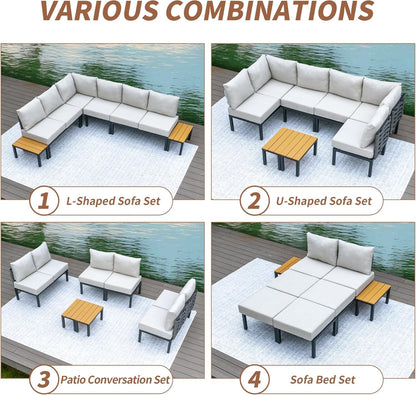 8 Pieces Patio Furniture Set Convertible Outdoor Furniture Set W/ 6" Ultra Thick Cushions and 2 Coffee Tables, All-Weather Sectional Sofa Couch, Beige-4