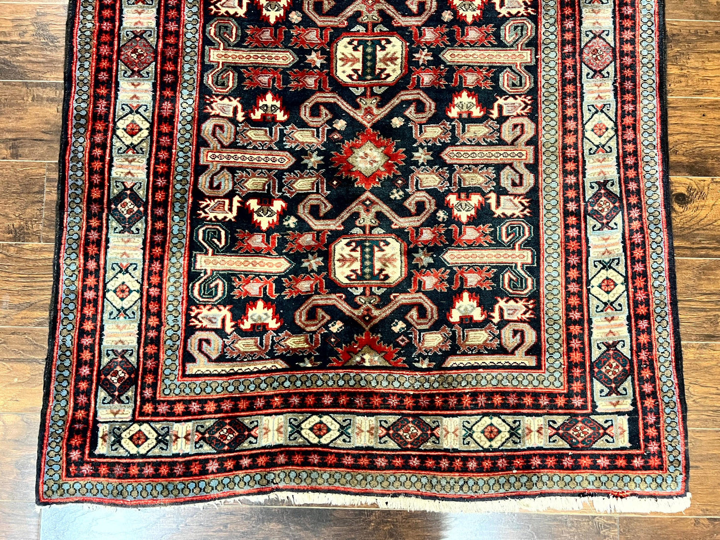 Persian Wide Runner Rug 4.8 x 10, Persian Kalegi Ardabil Rug, Perpedil Caucasian Rug, Antique Handmade Wool Carpet, Navy Blue Red, Tribal Rug-4