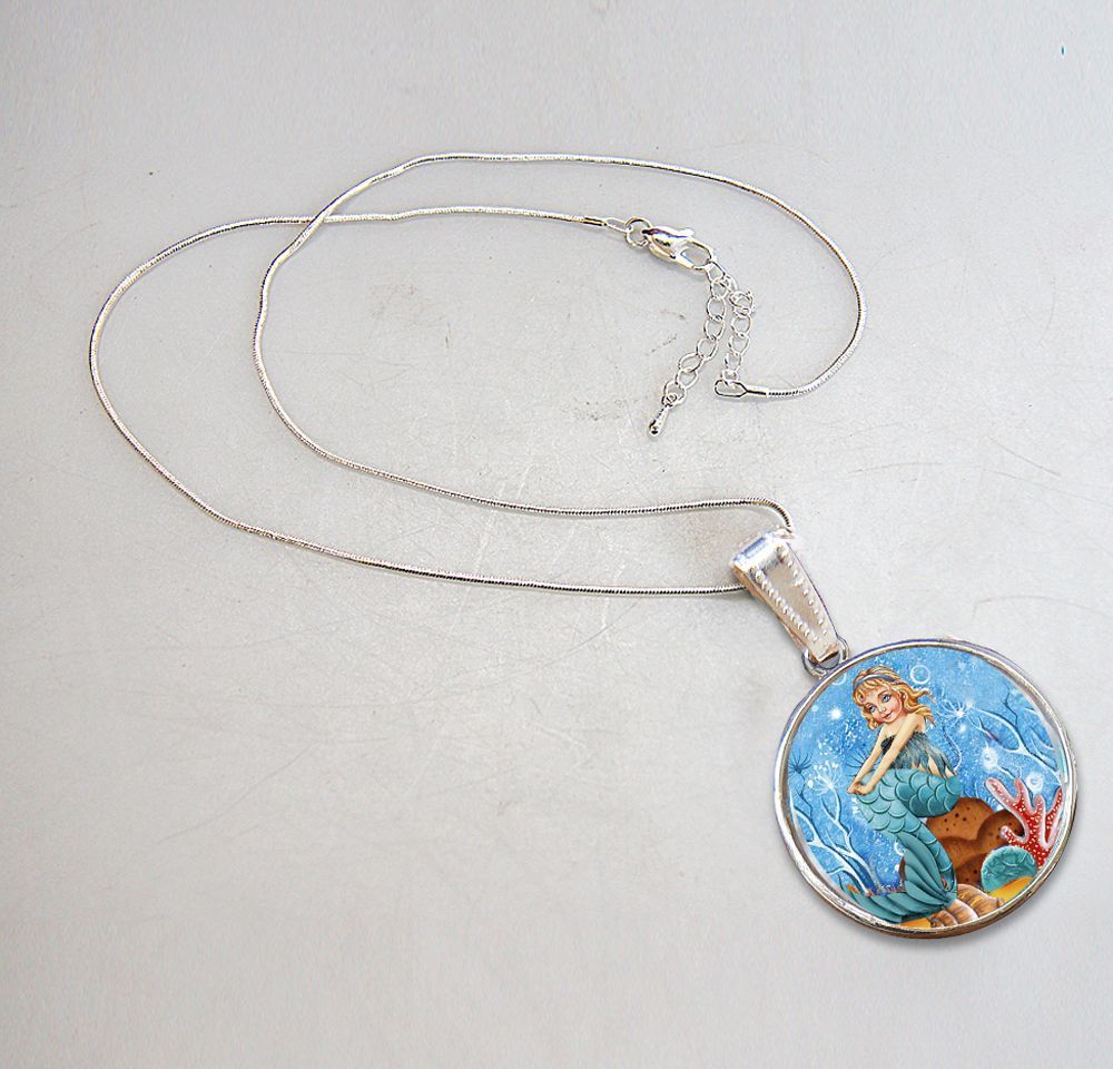 Mermaid Silver Plated Mother of Pearl Jewelry Pendant Necklace - 44042-3