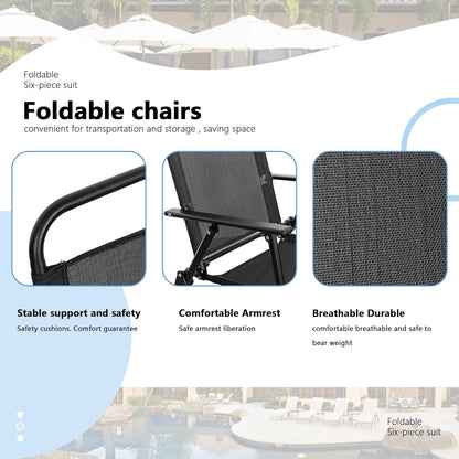 6 Piece Patio Dining Set with Umbrella, Outdoor Furniture Set with 4 Folding Chairs and Tempered Glass Top Dining Table Fot Lawn Backyard Garden Porch Black-4