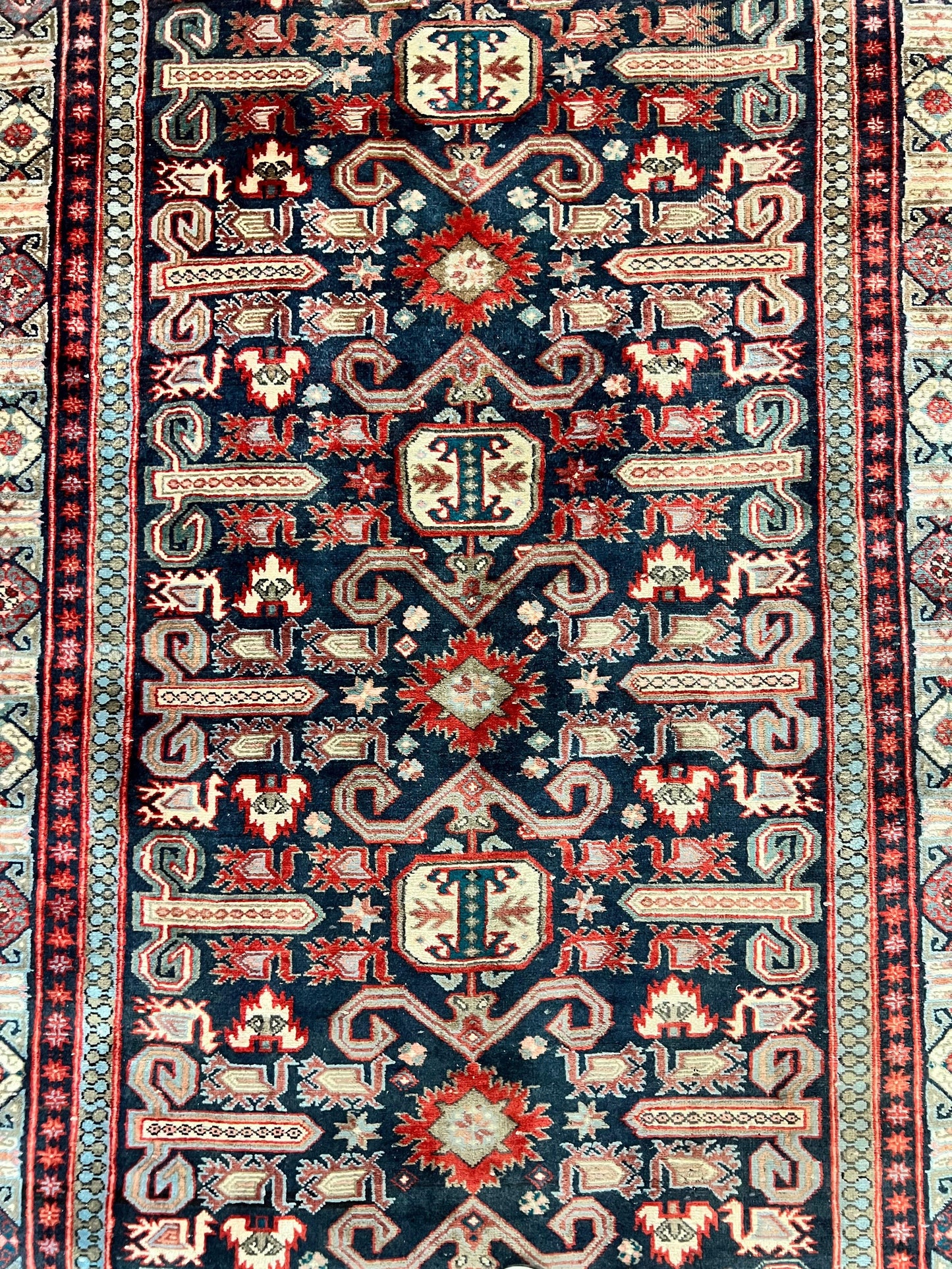 Persian Wide Runner Rug 4.8 x 10, Persian Kalegi Ardabil Rug, Perpedil Caucasian Rug, Antique Handmade Wool Carpet, Navy Blue Red, Tribal Rug-3