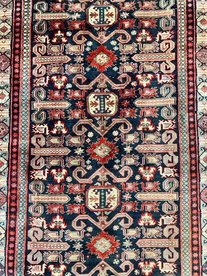 Persian Wide Runner Rug 4.8 x 10, Persian Kalegi Ardabil Rug, Perpedil Caucasian Rug, Antique Handmade Wool Carpet, Navy Blue Red, Tribal Rug-3