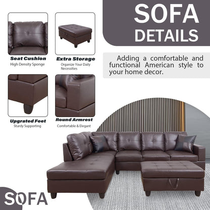 Ponliving Furniture Modern L-Shaped Leather Sectional Sofa Left Hand Facing (Brown)-4