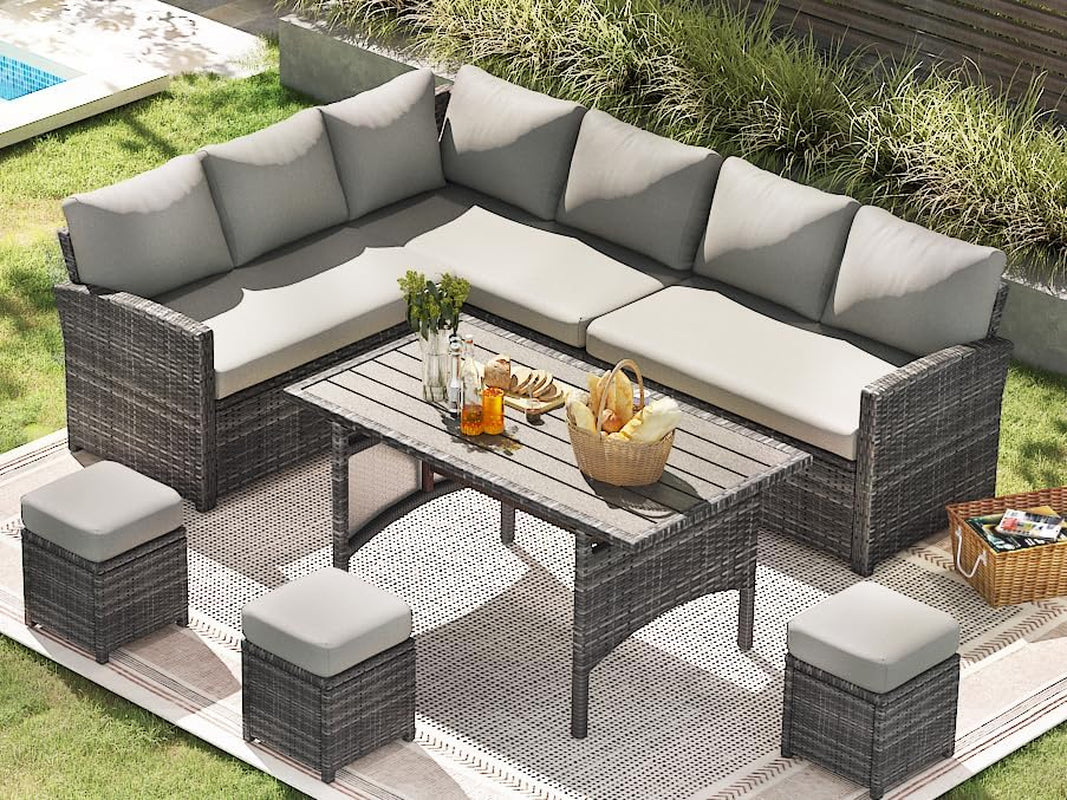 7 Pieces Patio Furniture Set, Outdoor Sectional Sofa Conversation Set, All Weather Wicker Rattan Dining Table & Chair with Ottoman, Grey Rattan&Grey Cushion