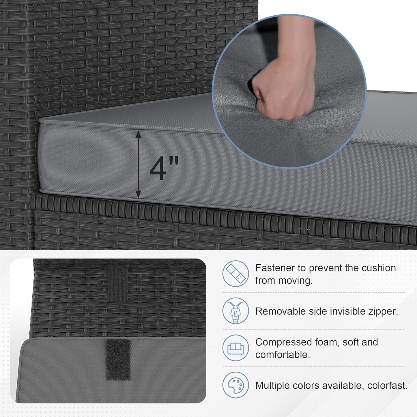 Patio Furniture Set, 5PCS Outdoor Conversation Sets Waterproof Rattan Sectional Sofa with 4” Thickened Cushion Modular Wicker Patio Furniture Set with Glass Top Table for Balcony, Backyard (Grey)-4