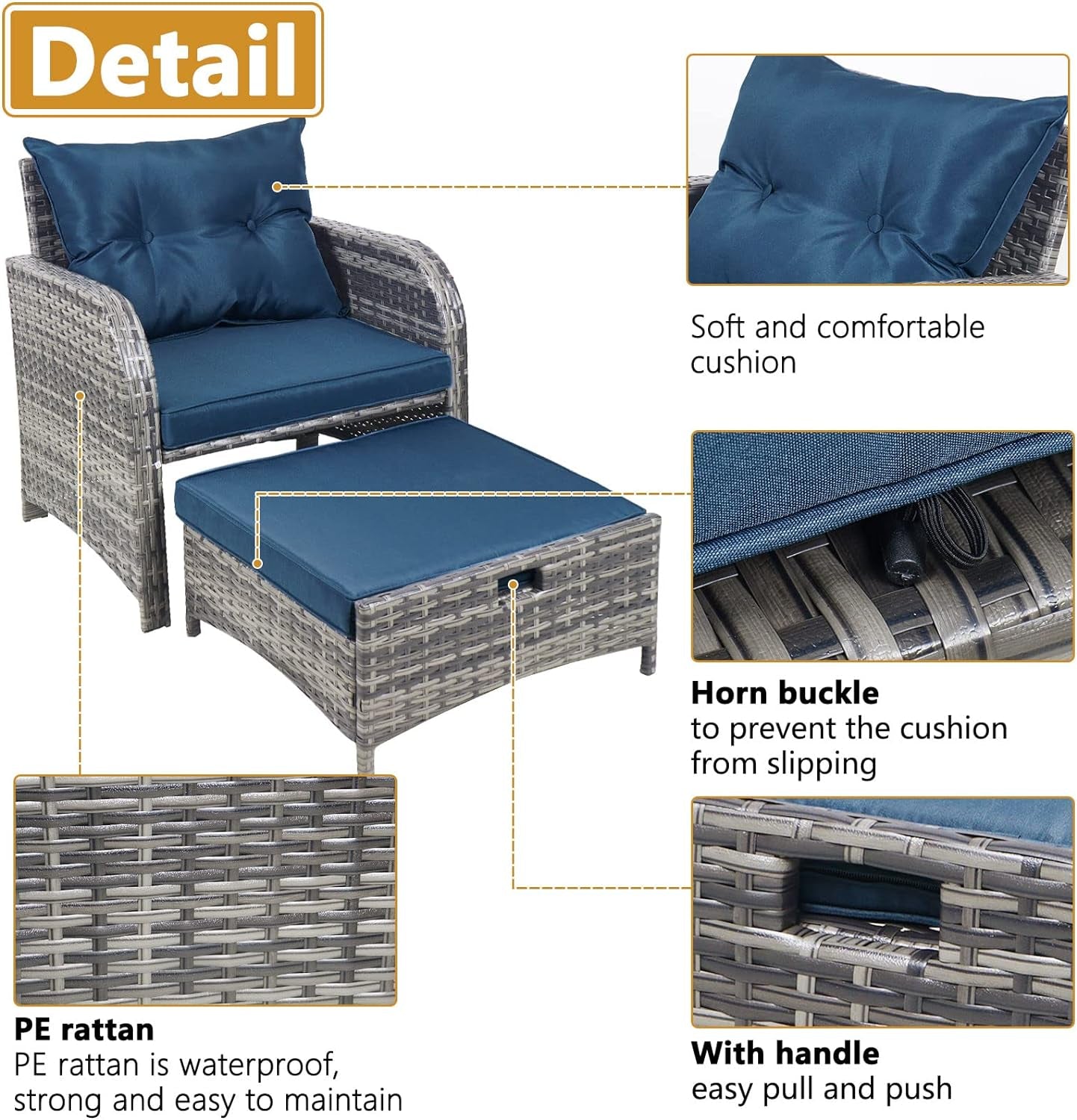 5 Pieces Wicker Outdoor Patio Chairs Set with Ottoman, All Weather PE Rattan Patio Conversation Furniture Set Outdoor Furniture Set with Hidden Ottoman for Poolside Garden Balcony, Blue