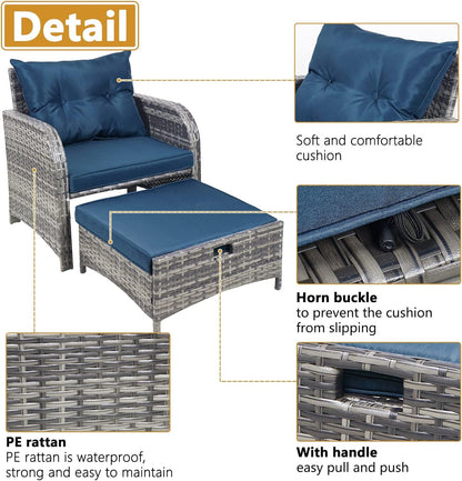 5 Pieces Wicker Outdoor Patio Chairs Set with Ottoman, All Weather PE Rattan Patio Conversation Furniture Set Outdoor Furniture Set with Hidden Ottoman for Poolside Garden Balcony, Blue