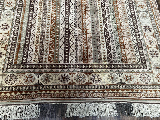 Striped Turkish Anatolian Rug 6x7 Almost Square Shaped Carpet Handmade Vintage Oriental Rug, Living Room Rug, Neutral Colors Cream, Wool Rug