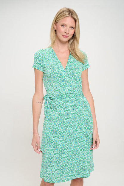 Print V neck Jersey Dress with Tie