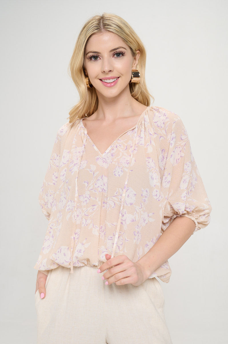 Floral Print V neck 3/4 Sleeve