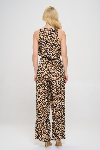 Animal Print V neck Sleeveless Jumpsuit with Tie-4