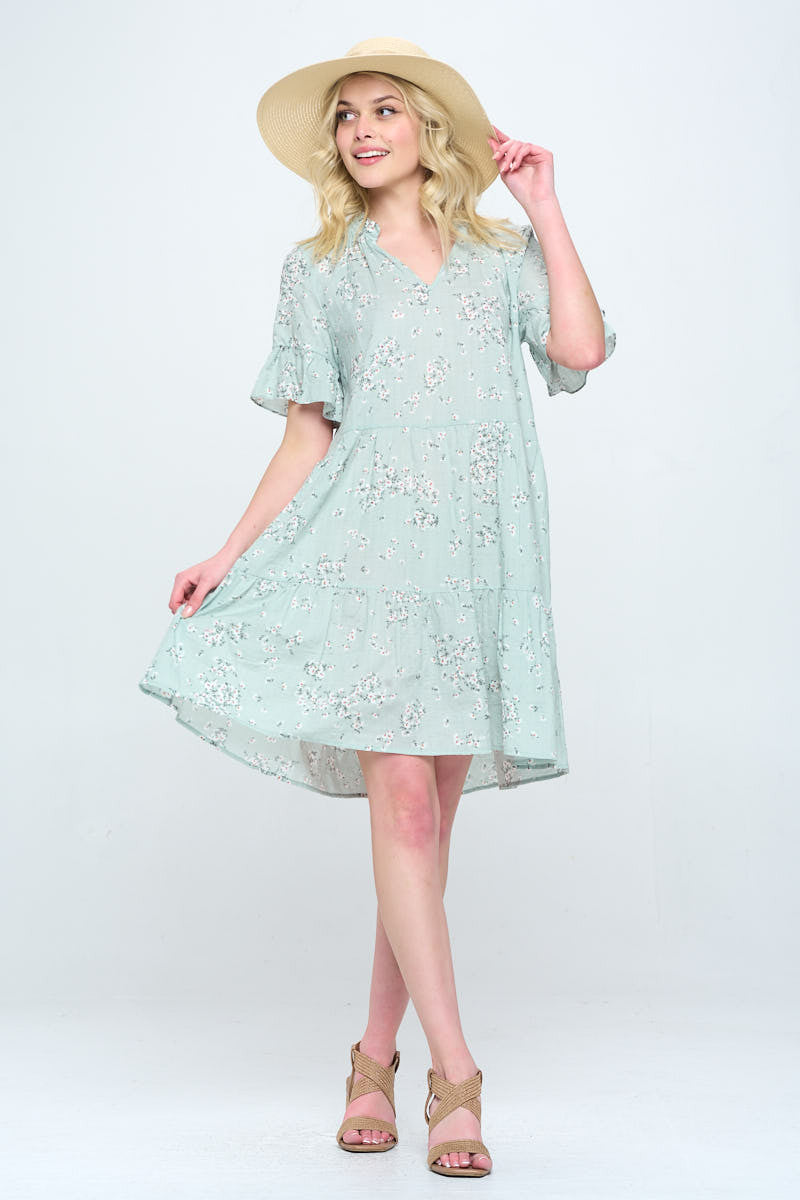 Floral Print V Neck Tiered Dress