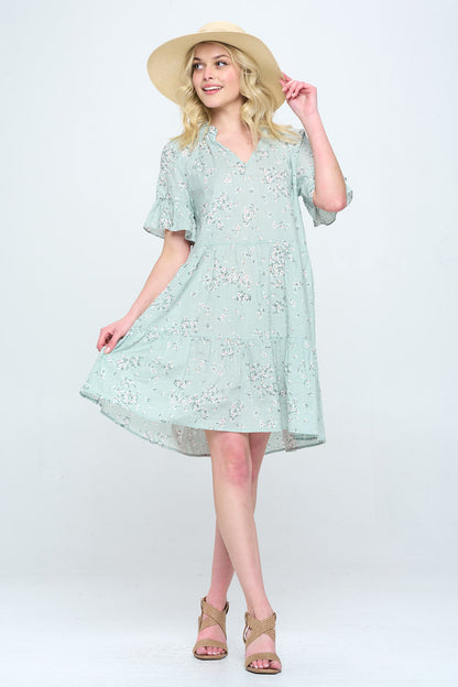 Floral Print V Neck Tiered Dress