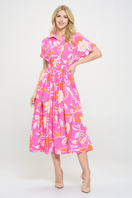 Flower Print Collared V neck Midi Dress with Pockets