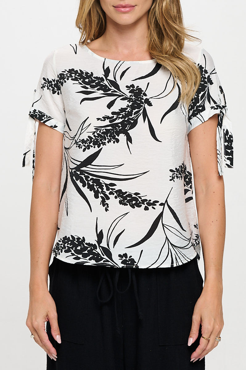 Floral Print Short Sleeve Top with Tie Sleeve-1