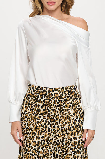 Dropped Shoulder Long Sleeve Satin Top-1