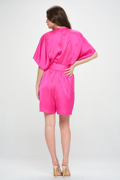 Solid Satin Kimono Romper with Tie