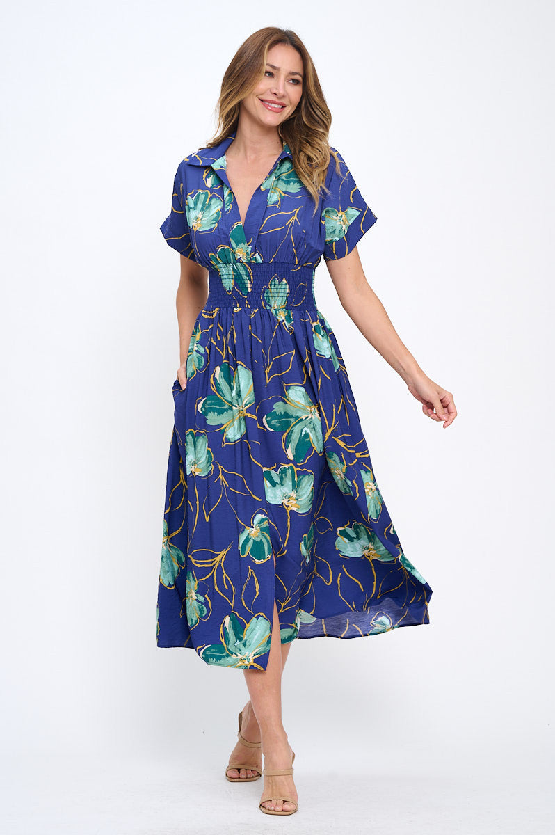 Floral Print V neck Collared Dress with Smock Waist Detail