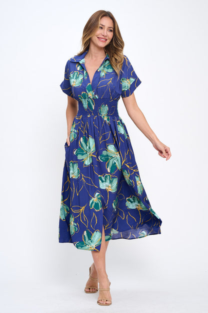 Floral Print V neck Collared Dress with Smock Waist Detail