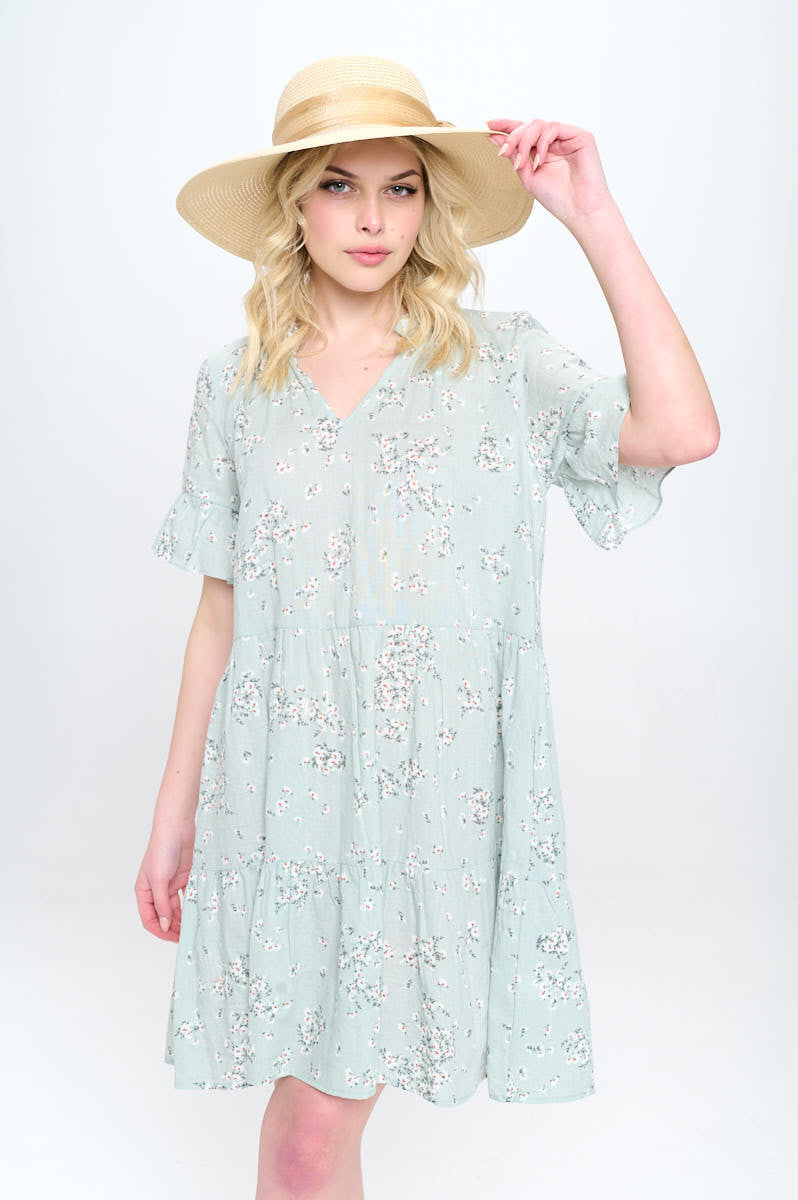 Floral Print V Neck Tiered Dress