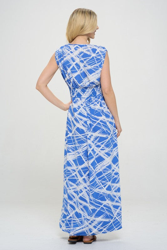 Abstract V neck Sleeveless Maxi Dress with Slit