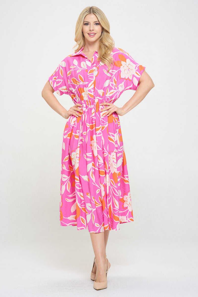 Flower Print Collared V neck Midi Dress with Pockets